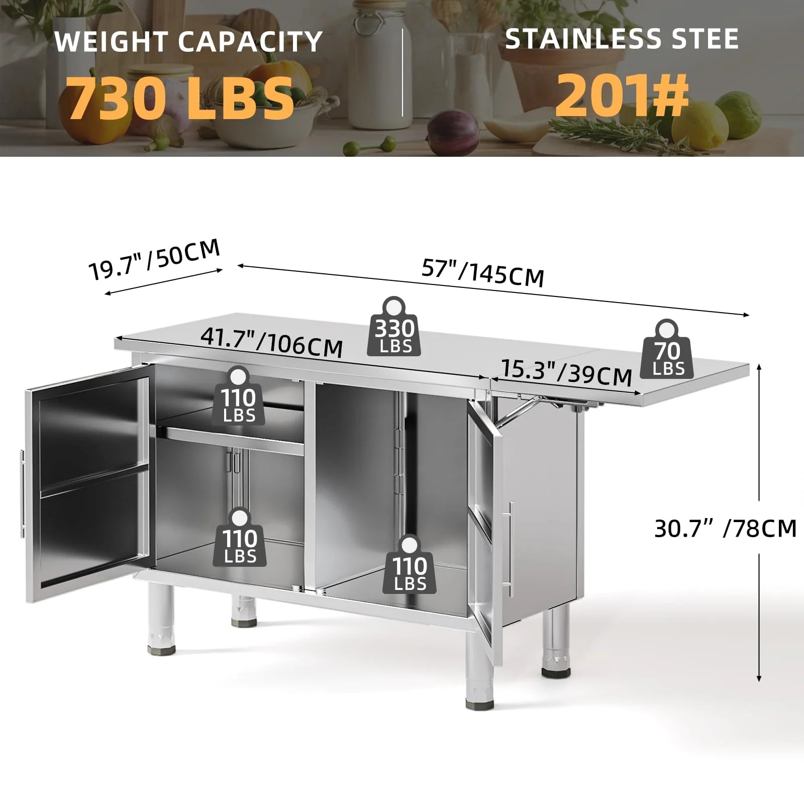 AECOJOY Stainless Steel Kitchen Cabinets, 57"x19.7" Commercial Worktable with Extend Panel & Adjustable Shelf