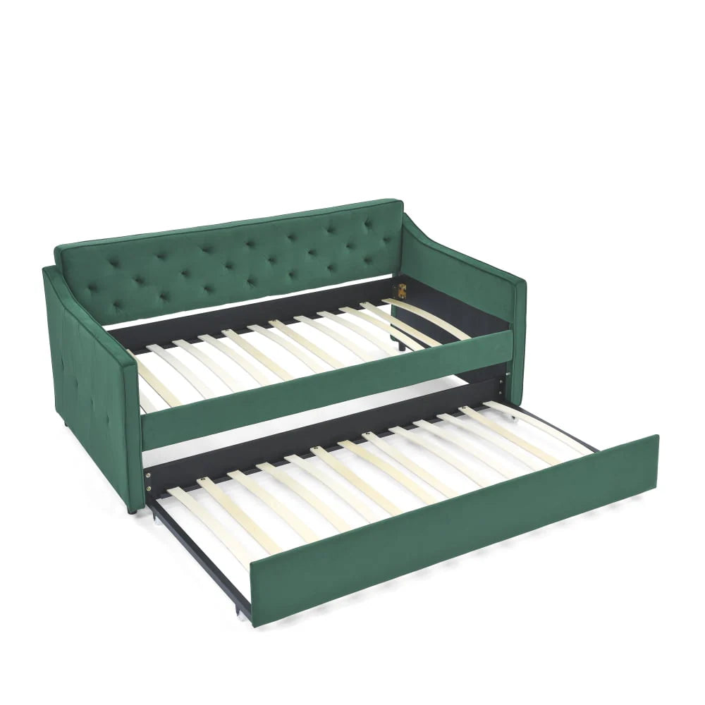 Twin Size Daybed with Trundle, Modern Button Tufted Linen Upholstered Sofa Day Bed Frame with A Roll - Out Trundle, Bedframe Furniture for Bedroom Living Room Guest Room, Green