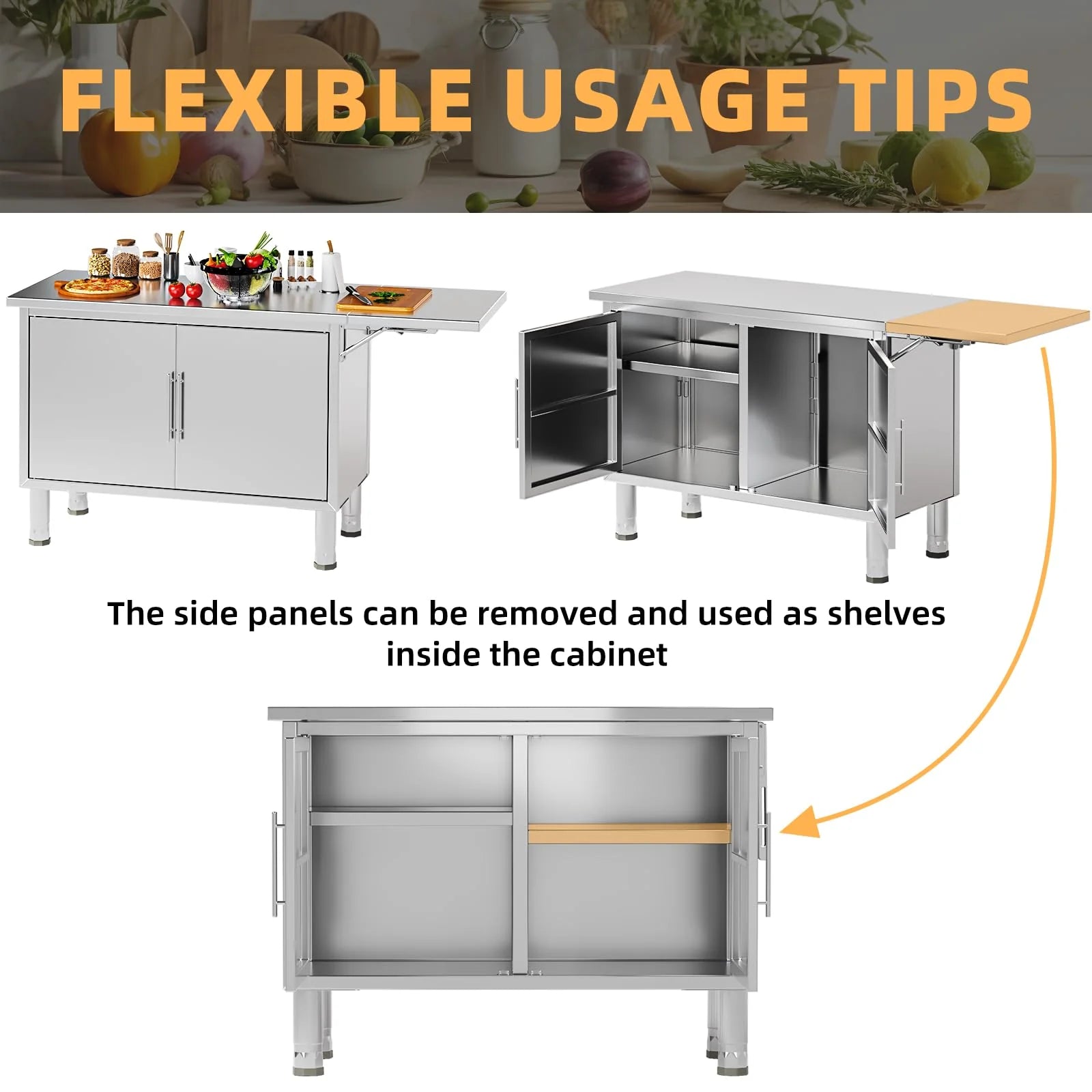AECOJOY Stainless Steel Kitchen Cabinets, 57"x19.7" Commercial Worktable with Extend Panel & Adjustable Shelf