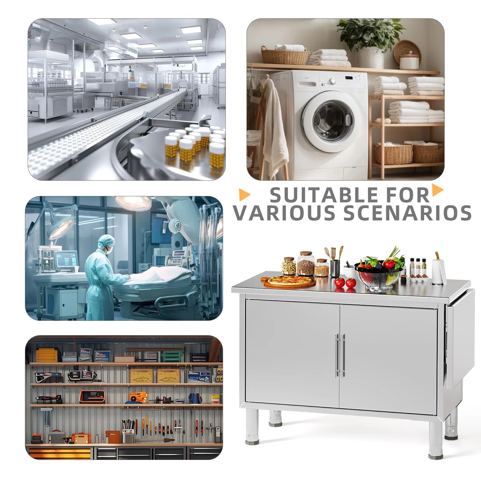 AECOJOY Stainless Steel Kitchen Cabinets, 57"x19.7" Commercial Worktable with Extend Panel & Adjustable Shelf