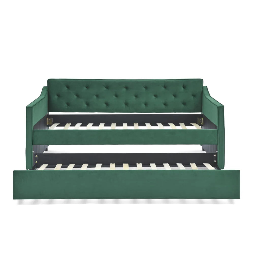 Twin Size Daybed with Trundle, Modern Button Tufted Linen Upholstered Sofa Day Bed Frame with A Roll - Out Trundle, Bedframe Furniture for Bedroom Living Room Guest Room, Green