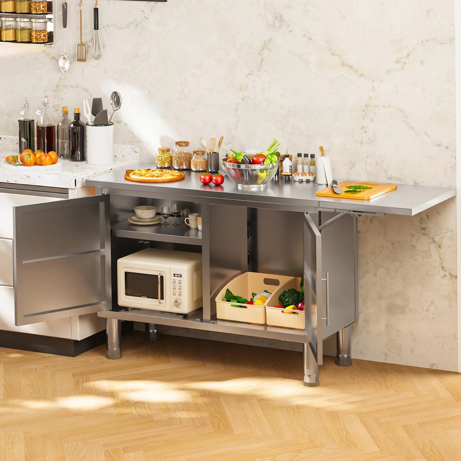 AECOJOY Stainless Steel Kitchen Cabinets, 57"x19.7" Commercial Worktable with Extend Panel & Adjustable Shelf