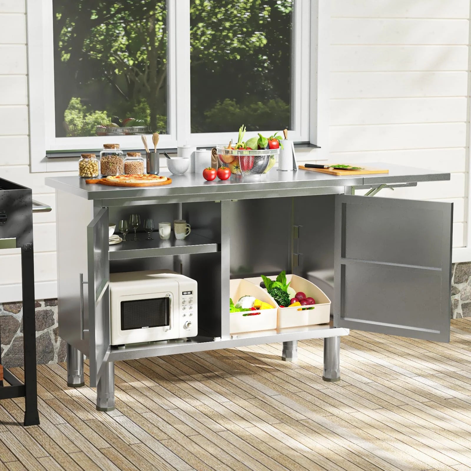 AECOJOY Stainless Steel Kitchen Cabinets, 57"x19.7" Commercial Worktable with Extend Panel & Adjustable Shelf