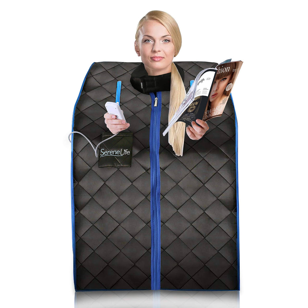 Serenelife AZSLISAU10BK Infrared Home Spa One Person Sauna with Heating Foot Pad and Portable Chair Black