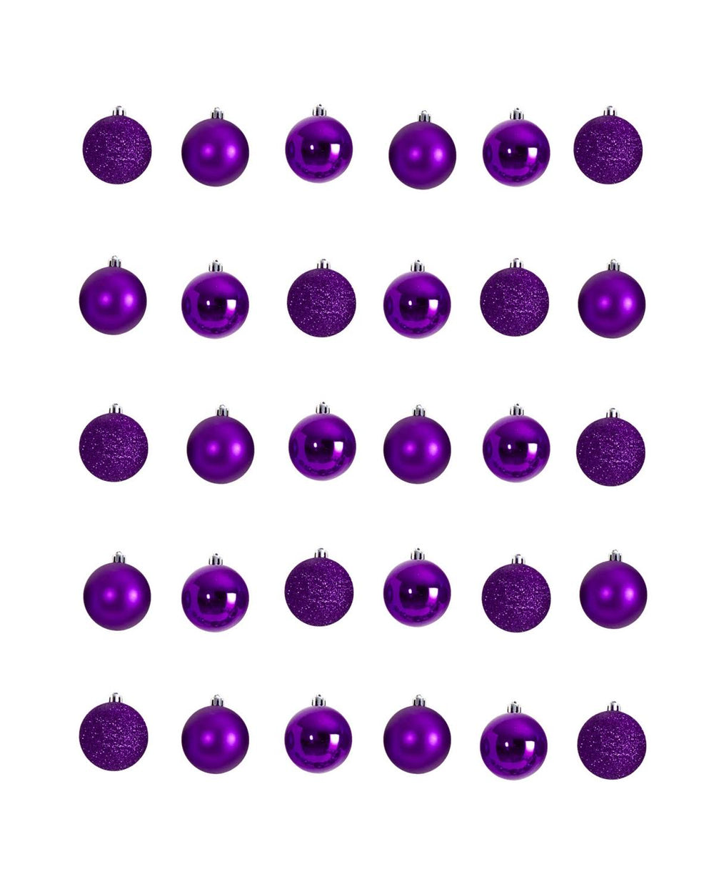 Nearly Natural Holiday Christmas 30 Count 2.5in. Shatterproof Ornament Set with Re-Useable Storage Container, Purple